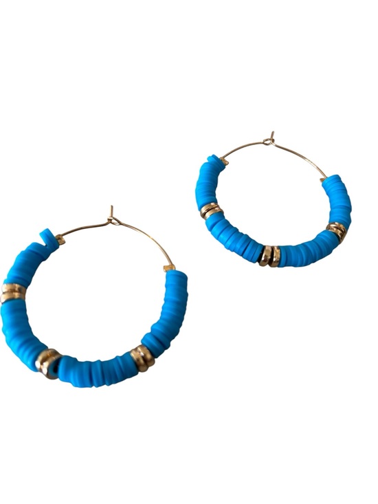 Jewelry - NWT Boho Gold Hoop Earrings with Bright Blue Disc Beads
